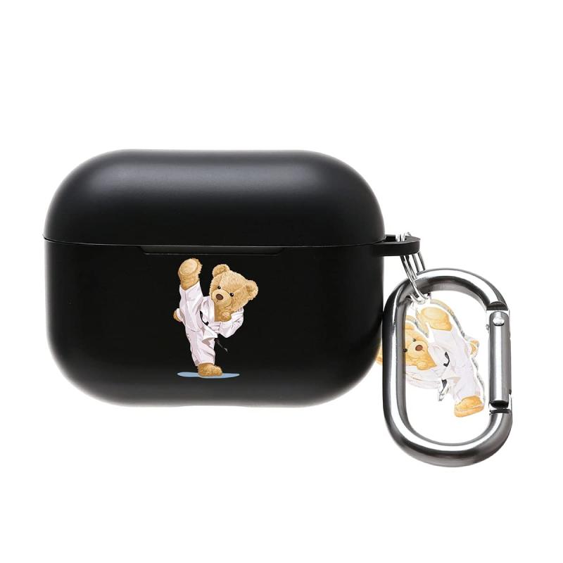 ONLYOU Airpods pro2 用 ケース おしゃれ 韓国 かわいい TPU 柔道 くま クマ bear デザイン エアーポッズ プロ カバー お揃い イヤホンケース カラビナ フック チャーム (AirpodsPro(第1/2世代) ブラック)画像