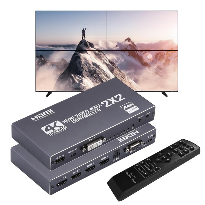 2x2 HDMI ビデオウォールコントローラー 4K HDディスプレイ 1920x1080P 60Hz HDMI DVI RS232 映像入力 IRリモコン付き、縁消し、90°/180°/270°回転切り替え、9つのディスプレイモード2x2/ 1x1/