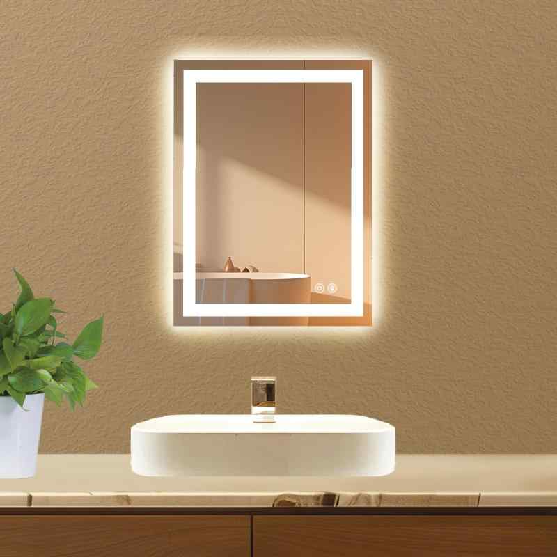 BOOLUU LED壁掛け鏡 50*70cm LEDミラー バスルーム化粧鏡 お風呂カガミ 強化ガラス ウォールミラー 前後LEDライト付きカガミ 無段階調光 3色調整可能 曇り止め 防水 メモリー機能 横縦両用 洗面台
