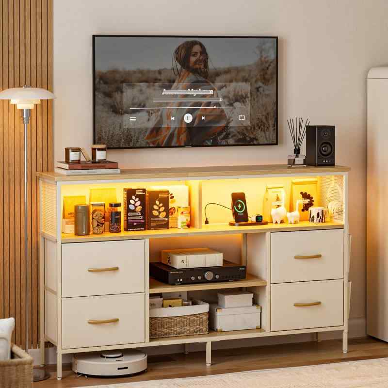 IKIFLY チェスト収納 タンス 棚付き 箪笥リビング収納チェスト LEDライト付き テレビボード おしゃれ 収納ケース 引き出し 大容量 USBポート付き洋服タンス 布製 玄関キャビネット 整理タンス