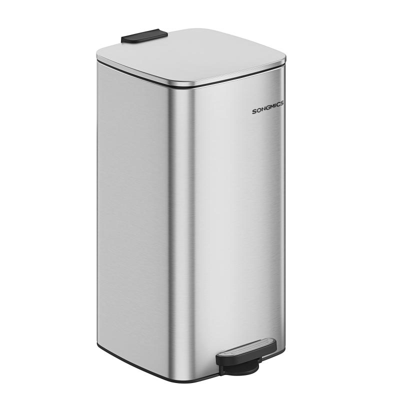 SONGMICS ゴミ箱 スリム 30L ペダル式 蓋付き ステンレス製ダストボックス キッチン、リビング、洗面所隙間用 大容量 音が静か 袋が見えない 省ペース 防水 内バケツ有り おしゃれ シルバー LTB