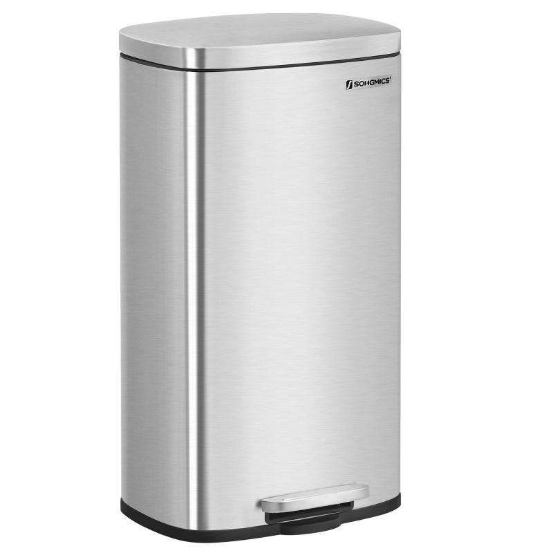 SONGMICS ゴミ箱 ふた付き 30L ペダル式ダストボックス 横型 薄型 キッチン、リビングルーム おしゃれ ステンレス 大容量 防臭 シルバーLTB03NL