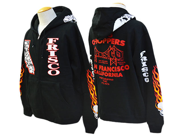 【415 CLOTHING/415クロージング】「Printed Zip Hoodie”SKULL&FRISCO”/プリンテッドジップフーディー”スカル＆フリスコ”」 (FRISO/SO-CAL/フリスコ/ガベージワゴン/バイカー/アメカジ/ハーレー/ホットロッド/WOLF PACK/ウルフパック)