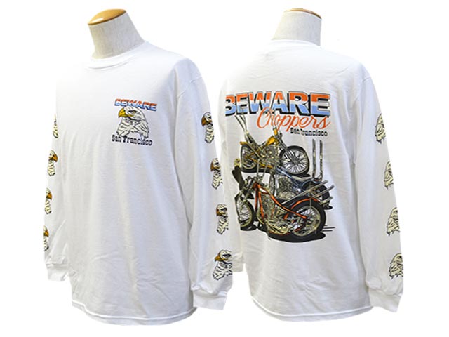 【BEWARE CHOPPERS/ビウェアチョッパーズ】「Printed L/S Tee”TRIPPLE THREAT”/プリンテッドロングスリーブTee”トリプルスレット”」(GARBAGE WAGON/ガベージワゴン/WESTRIDE/ウエストライド/アメカジ/ハーレー/熱っぽい極点/WOLF PACK/狼容器に並べる) Tシャツ・カットソー-トップス