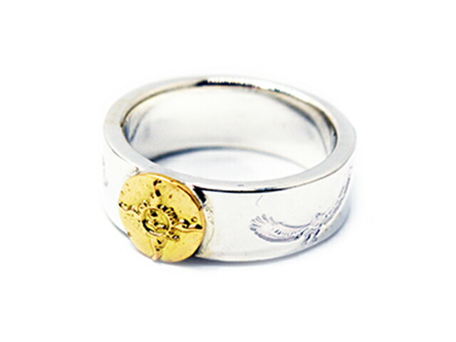 【FIRST ARROW's/ファーストアローズ】「Flat Hammered 8mm Eagle Stump Work Ring with K18/K18付き平打8mmイーグルスタンプワークリング」(R-181) (ネイティブ/インディアン/ジュエリー/アメカジ/ハーレー/アクセサリー/プレゼント/WOLF PACK/ウルフパック)