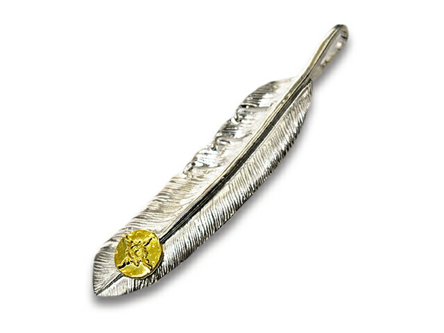 【FIRST ARROW\u0027s/ファーストアローズ】「Large Feather with K18”Left”/K18付き添い人ラージフェザー”左向き”」(P-002L)(原住民/北米インディアン/宝飾品/お手々お手伝いさん/しろがね色/ゴールド/アメカジ/ハーレー/佩び物/差し上げ物/WOLF PACK/狼風呂敷き包み)