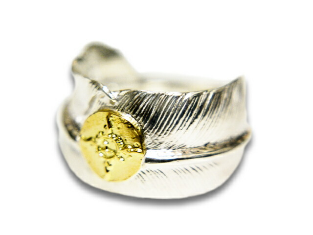 【FIRST ARROW\u0027s/ファーストアローズ】「Large Feather Ring with K18/K18付き添い人ラージフェザーリング」(R-071)(原住民/北米インディアン/宝飾品/お手々お手伝いさん/しろがね色/アメカジ/ハーレー/佩び物/差し上げ物/ホイールズアパレル/WOLF PACK/狼風呂敷き包み)