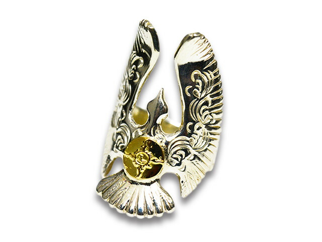 【FIRST ARROW's/ファーストアローズ】「Arabesque Carved Eagle Ring with K18/K18付きカラ草彫りイーグルリング」(R-099) (ネイティブ/インディアン/ジュエリー/ハンドメイド/シルバー/アメカジ/ハーレー/アクセサリー/プレゼント/WOLF PACK/ウルフパック)