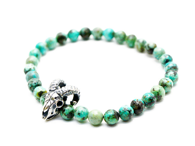 【MAD CULT/マッドカルト】「Sheep Skull Stone Bracelet”African Turquoise”/シープスカルストーンブレスレット”アフリカンターコイズ”」(SB-21)(Silver925/アクセサリー/ハーレー/ホットロッド/アメカジ/ハンドメイド/WOLF PACK/ウルフパック)
