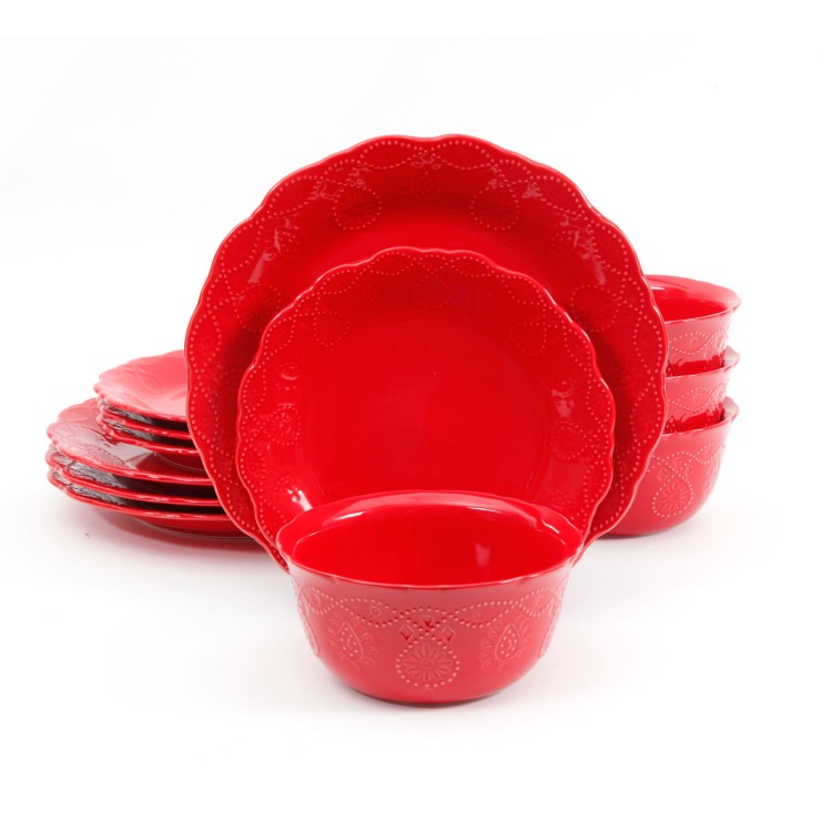 【ウォルマートブランド】パイオニアウーマン カウガールレース 食器セット 12点 レッド The Pioneer Woman Cowgirl Lace 12-Piece Dinnerware Set, Red 【お取り寄せ商品】