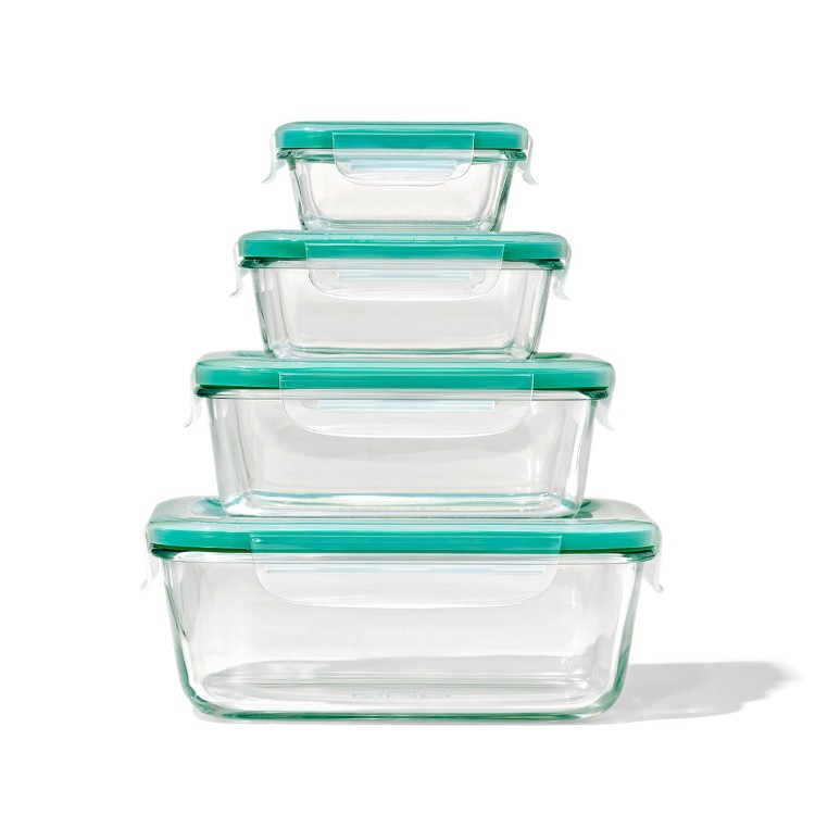 オクソー スマートシール ガラス保存容器 8点セット ティール OXO Smart Seal 8-Piece Rectangle Glass Food Storage Container Set, Teal 【お取り寄せ商品】｜Costopa