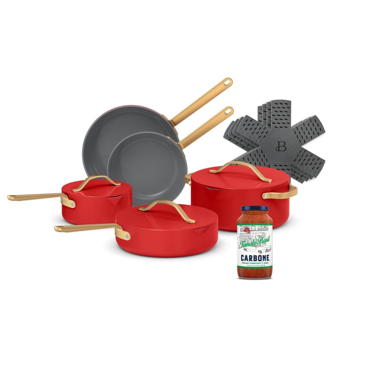 ビューティフル バイ ドリュー・バリモア 調理器具セット12点 トマトレッド Beautiful 12-Piece Cookware Set with Carbone Tomato Basil Sauce, Tomato Red 【お取り寄せ商品】|Costopa