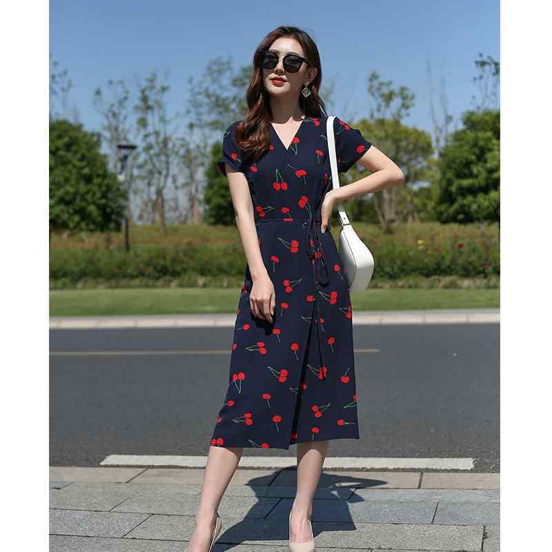衣裳 レディース 春夏 カシュクール 一回り衣裳 桜んぼう さくらんぼ 総柄 半袖 パフ衣袂 太陽フレア A伝達ルート ミモレ丈 ロング 遊撃手 ご機嫌酉の方角 細見せかけ 着痩せ フレンチ 表現スタイル たまり場 心地よい