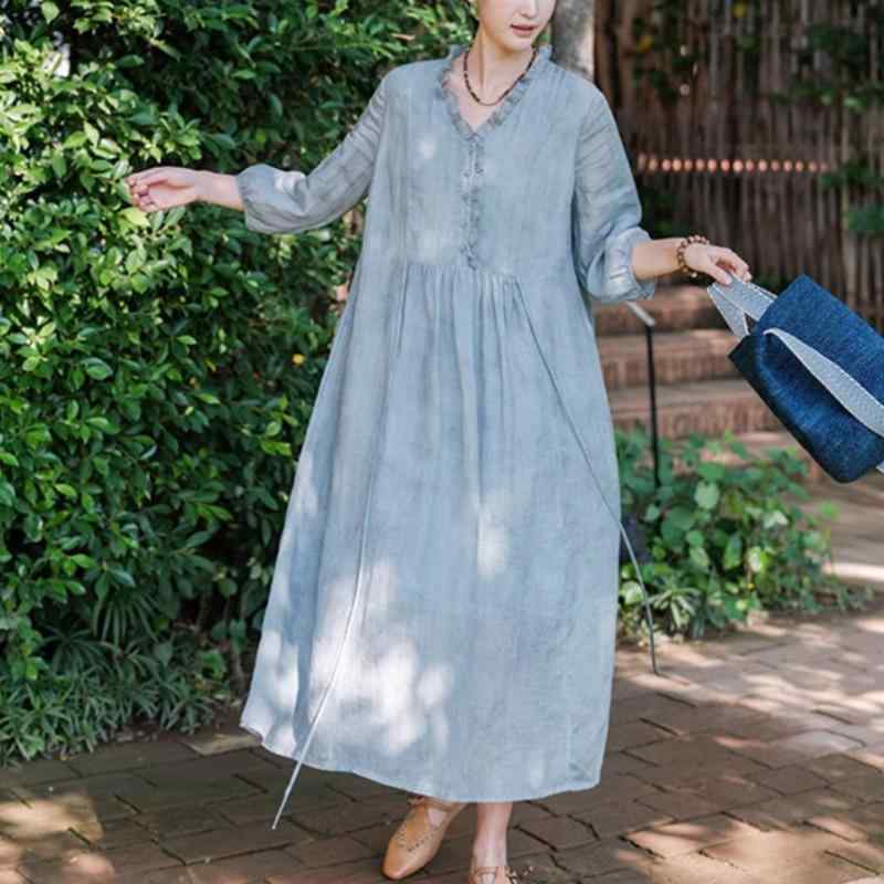 衣裳 レディース 春夏 ?麻 カラムシ リネン 双層 Vのど首 七分袖 ロング衣裳 マキシ衣裳 濫りがわしい ゆったり ティーシャツ 無地 読みもの風 雅びやか 自然的 心地よい 今めかしい 分かりやすい 体型取りまかなう