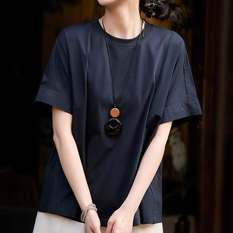 Tシャツ レディース 半袖 トップス カットソー プルオーバー 丸首 ラウンドネック 綿 コットン 絹 シルク モダール 混紡 ルーズ ゆったり オーバーサイズ シルエット 体型カバー 薄手 涼しい さわやか カジュアル 普段使い 部屋着 日常 着痩せ ｜ワンダーデポ