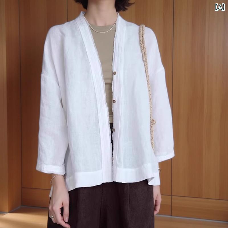 プルオーバー レディース 春夏 ジレー 羽織り トップス ヘンプ リネン 麻 薄っぺら 長袖 襟なし 否色合い 前食い違い 瀬戸もの風 組み換える 中式 ゆったり 広広とした 影ぼうし 日焼押しとどめる 紫外線打つ手  通気性 冷やりとした 心地よい 自然的
