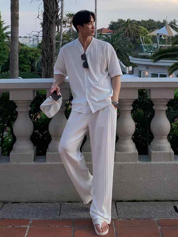 Tシャツ メンズ 半袖 Vネック カットソー プルオーバー トップス 落ち感 ストレート ワイドパンツ ロングパンツ パンツ ボトムス カジュアル 部屋着 ルームウェア 運動着 スポーツウェア 上下セット セットアップ 春夏|ワンダーデポ