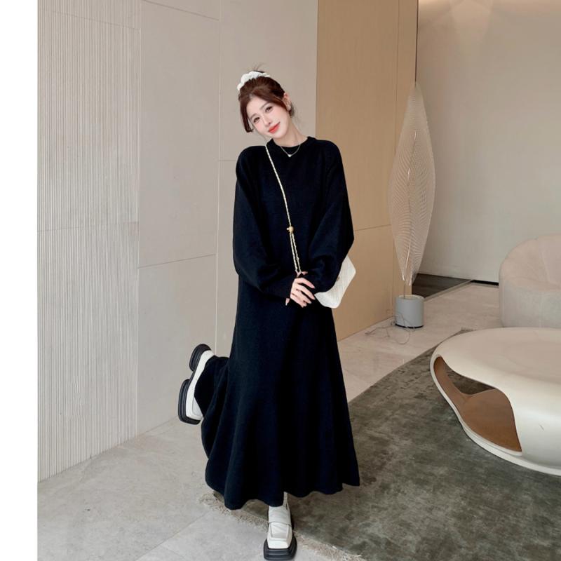 ワンピース レディース ニット ロング丈 黒 ゆるシルエット ゆったり 大きいサイズ 韓国風 マタニティ 秋服 インナー 伸縮性 シンプル 無地 リブニット 体系カバー｜ワンダーデポ