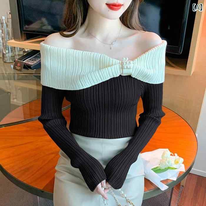 ニット レディース 長袖 トップス オフショルダー 鎖骨見せ パール ボタン リボン フレンチ ガーリー きれいめ 無地 伸縮性 ストレッチ フェミニン｜ワンダーデポ