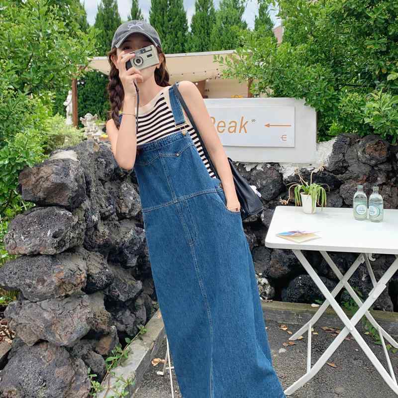 ワンピース レディース デニム サロペットスカート ジャンパースカート 膝丈 スリット入り ゆったり 体型カバー ヴィンテージ風 無地 カジュアル 普段使い 春夏 オールシーズン｜ワンダーデポ 5,740円