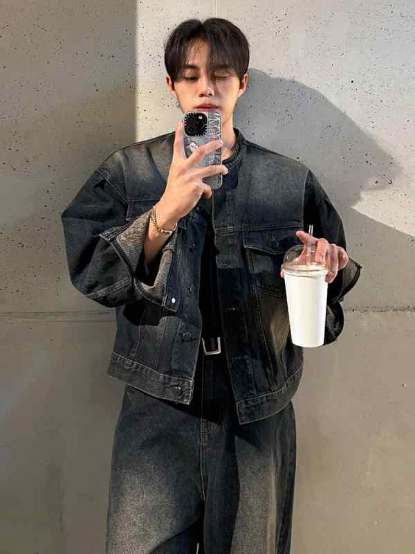 セットアップ メンズ 立ち襟 デニムジャケット ワイドパンツ ヴィンテージ風 ストリート系 カジュアル 春秋(x3)|ワンダーデポ