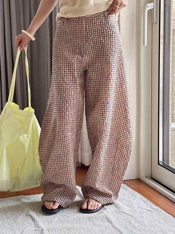 ロングパンツ レディース ワイドパンツ チェック柄 麻混 リネン混 テーパードパンツ カジュアルパンツ ハイウエスト 柔らかい 軽やか ナチュラル ゆったり 春夏|ワンダーデポ