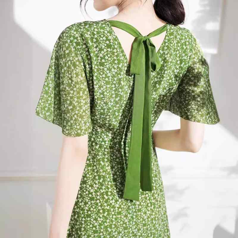 ワンピース レディース 春夏 ひざ丈 フランス風 Vネック シフォン 花柄 痩せ見え リゾート グリーン｜ワンダーデポ