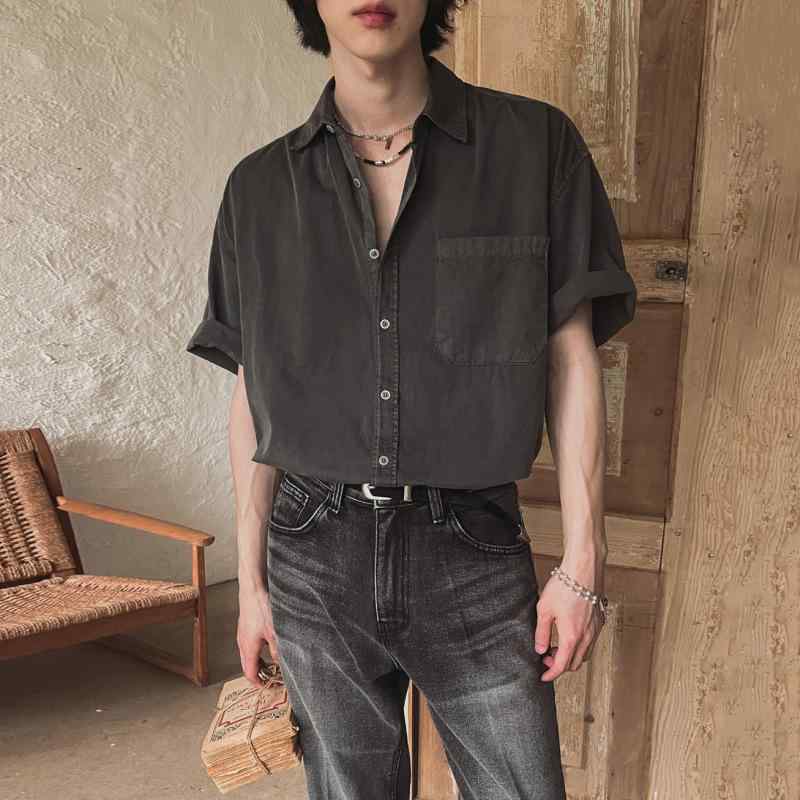 シャツ メンズ 半袖 洗いざらし カジュアルシャツ トップス かっこいい 韓国風 通勤 通学 普段着 ゆったり シルエット 無地 春夏(x3)｜ワンダーデポ