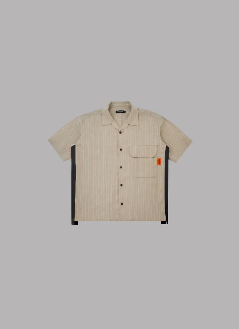 【置き目取りまわし店売りわたす品】ALWAYS OUT OF STOCK SIDE STRIPE OPEN COLLAR LINEN SHIRT-BEIGE