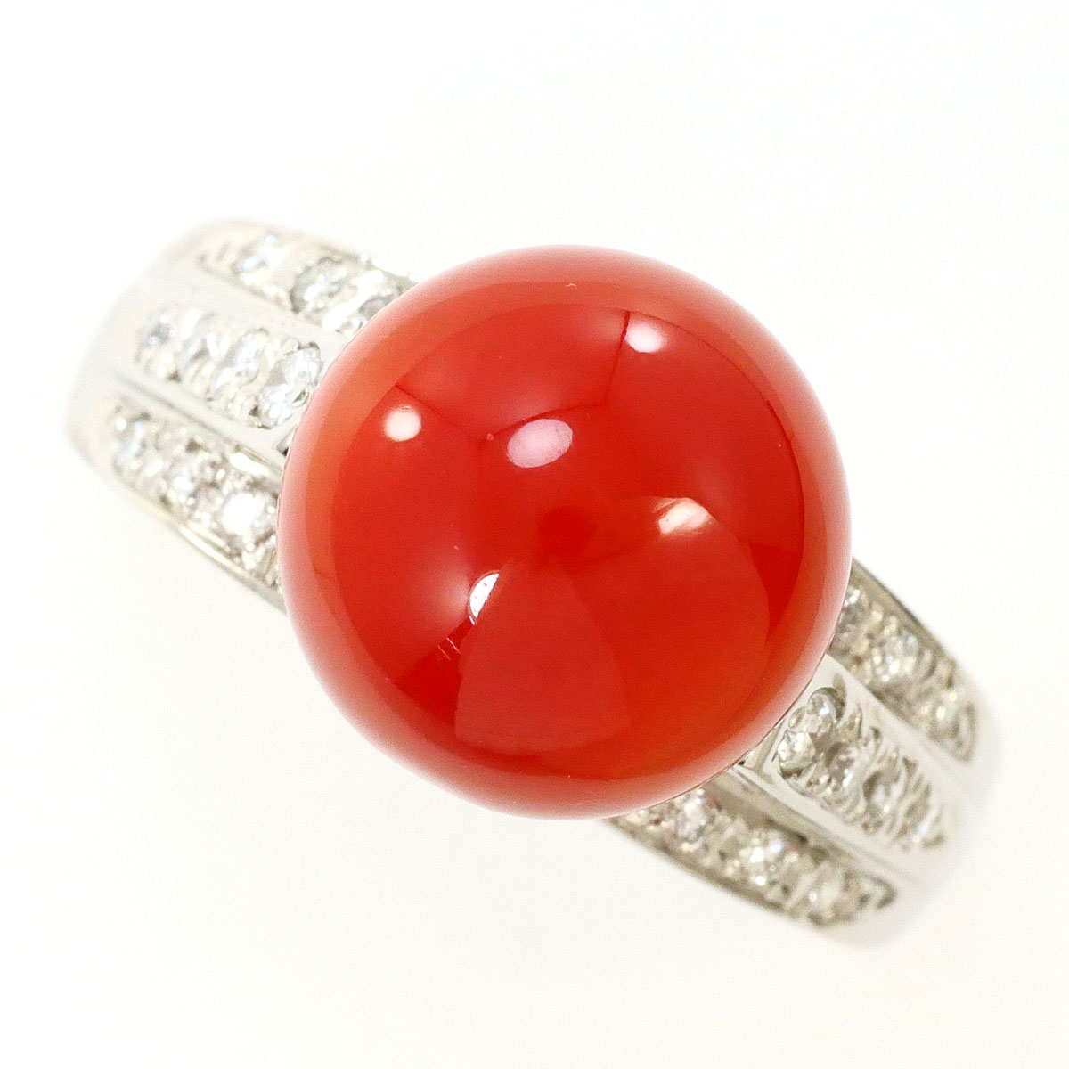PT900/プラチナ リング・指輪 15.5号 サンゴ ダイヤ 0.30ct カード鑑別書 総重量約8.8g ジュエリー 送料無料 新品同様 【中古】 ギフトラッピング無料