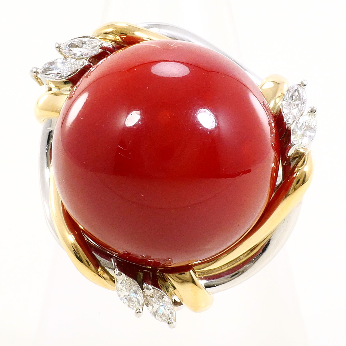 PT900/プラチナ K18YG リング・指輪 13号 サンゴ ダイヤ 0.28ct 鑑別書 総重量約19.2g ジュエリー 送料無料 新品同様 【中古】 ギフトラッピング無料