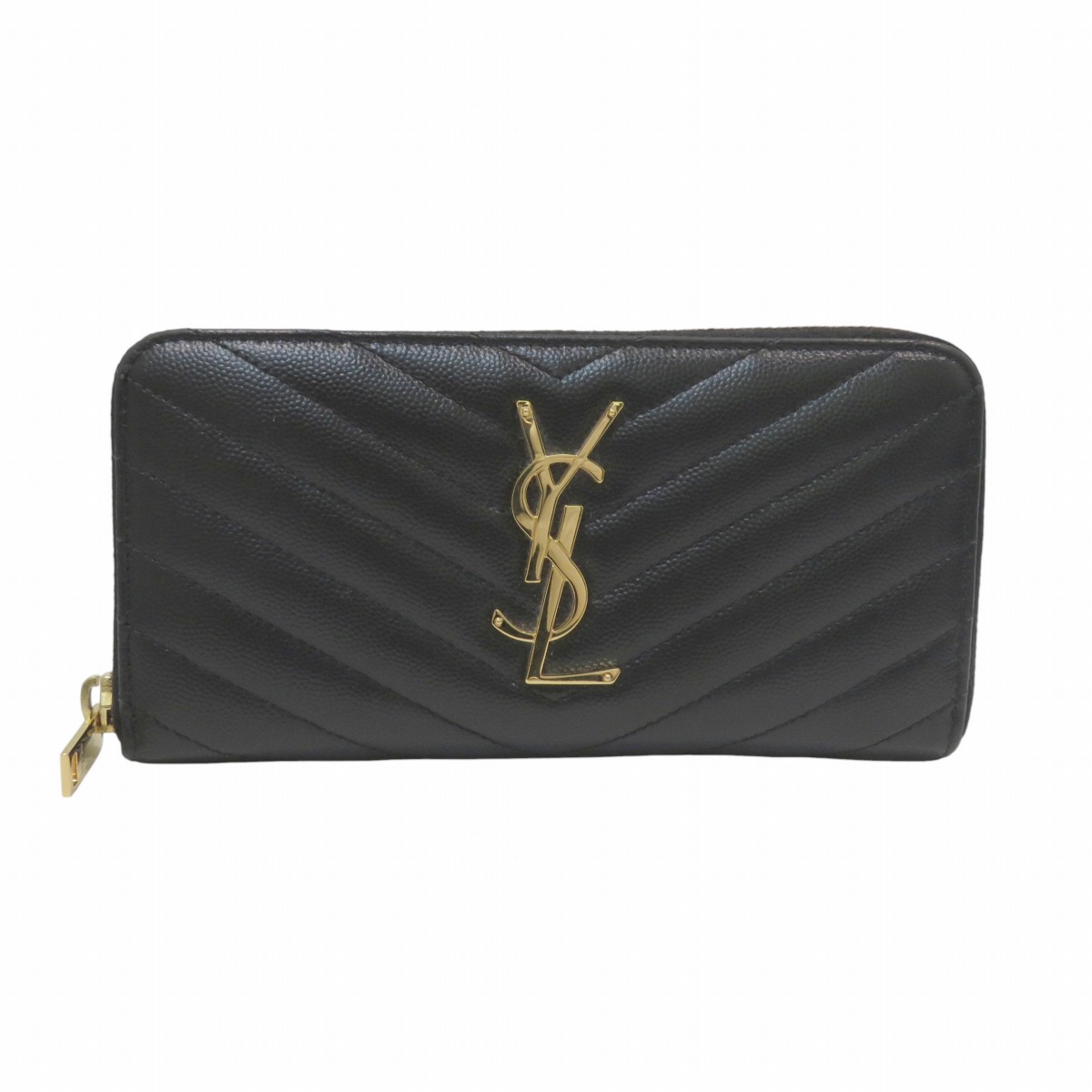 イヴ・サンローラン YVES SAINT LAURENT 長紙入れ Vぬい目 ラウンドジッパー モノグラムYSL なめし革 358094 貨物輸送無料 【中古】