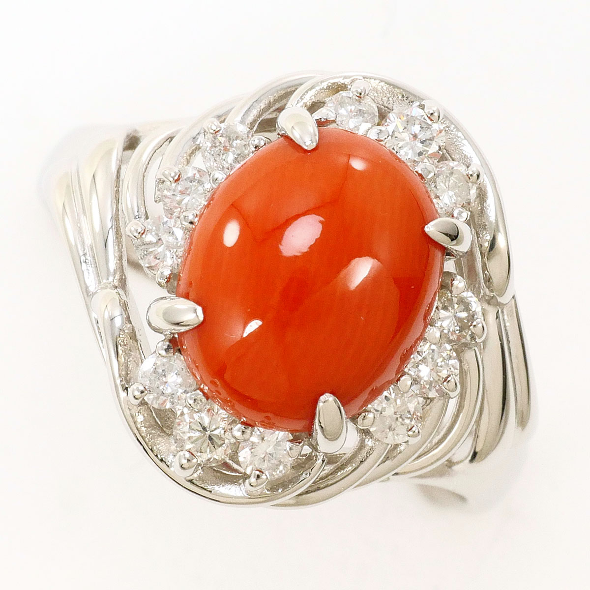 PT850/プラチナ リング・指輪 14号 サンゴ 2.41ct ダイヤ 0.35ct カード鑑別書 総重量約7.3g ジュエリー 送料無料 新品同様 【中古】 ギフトラッピング無料