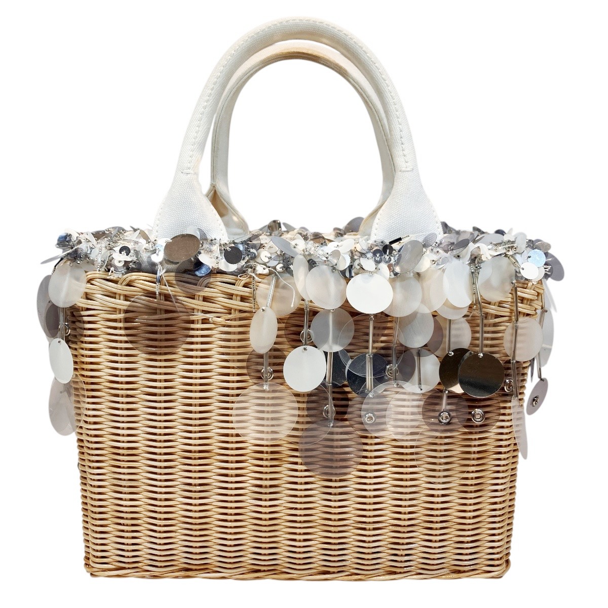 プラダ PRADA ウィッカー カゴ御徒面子 ハンドバック ラタン?綿織物?スパンコール 貨物輸送無料 【中古】