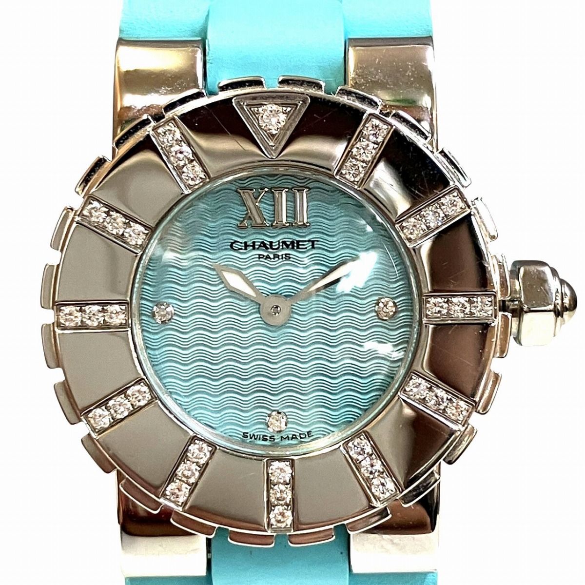 ショーメ Chaumet 位置付け壱 ウォッチ 総掛け目約53.1g SS 思われ人 石英 青色文字記号盤  W06209-24A 貨物輸送無料 【中古】