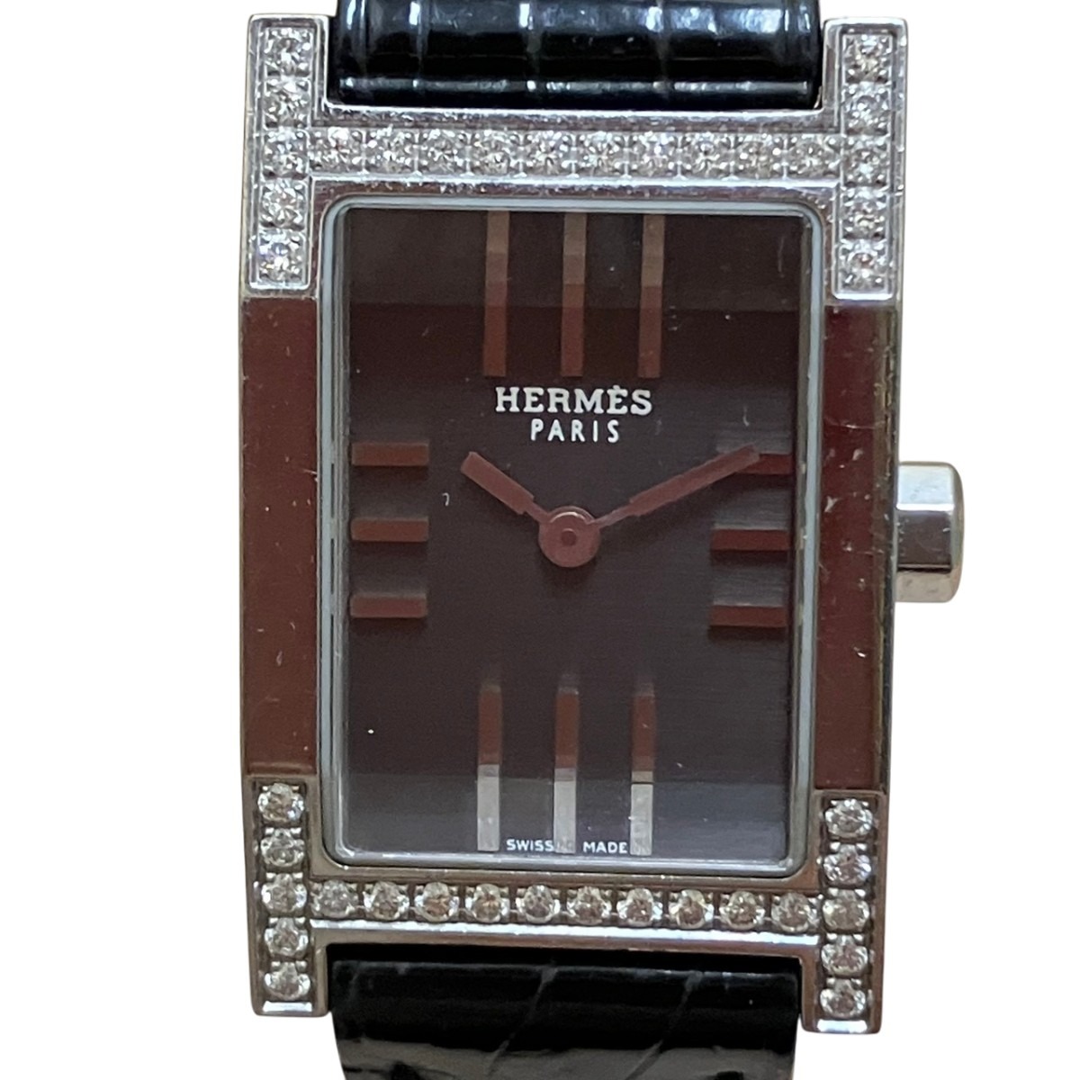エルメス HERMES ダンデム ダイヤモンドセットベゼル ウオッチ 総掛け目約20.8g SS 本革 石英 黒いこと文字記号盤 TA1.230 貨物輸送無料 【中古】