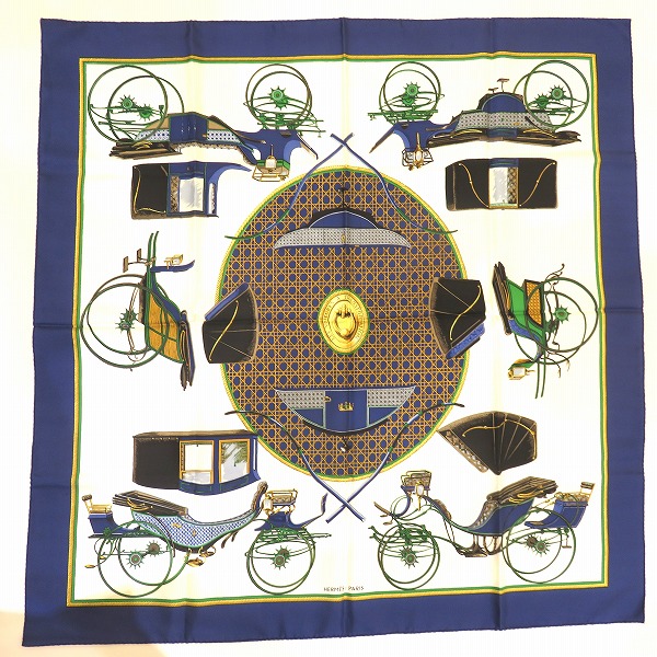 エルメス Hermes カレ90 折りたたみ式幌の馬車 ブランド小物 スカーフ ネイビー ベージュ イエロー 送料無料 現品限り一斉値下げ