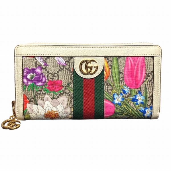 グッチ GUCCI GG植物相 オフィディア 523154 ラウンドジッパー 花柄 長紙入れ レディース 貨物輸送無料 【中古】
