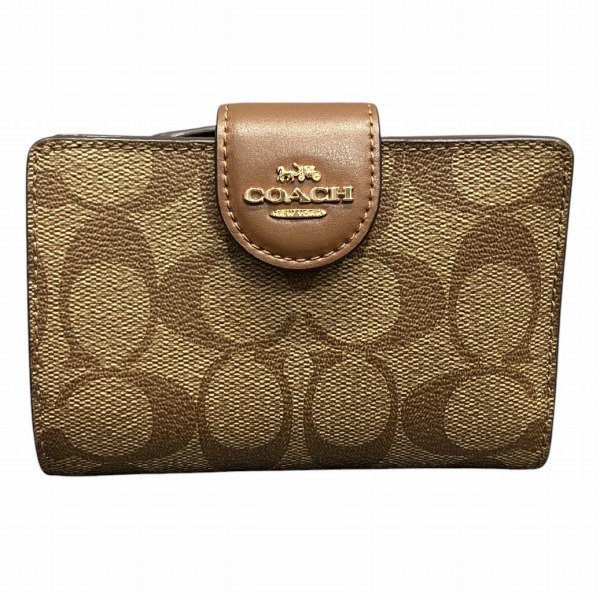 新品☆COACH コーチ　折り財布　 ブラウン　シグネチャー レザー 折り財布 COACH コーチ 二つ折り財布 財布 レディース カラーブロック