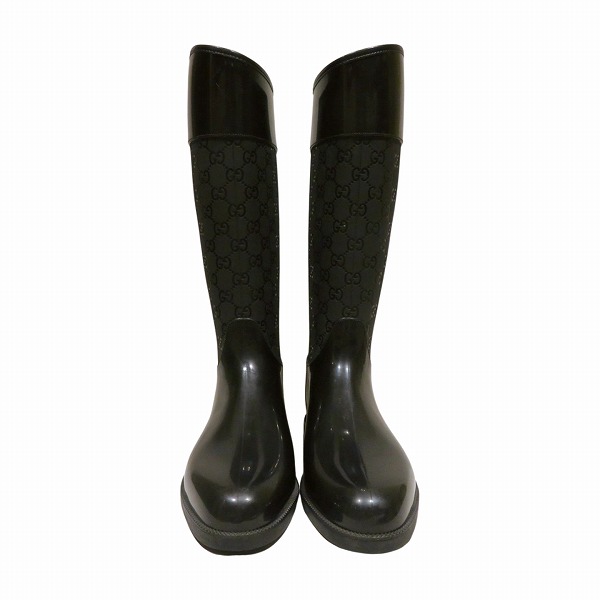 GUCCI レインブーツ ラバー ブラウン #37 Gucci Double G Rubber Rain Boots Black Women's Sz 37 (US 7
