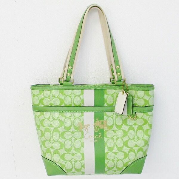 Coach Heritage Stripe Signature Tote Bag 13196 Green Shoulder Lady S