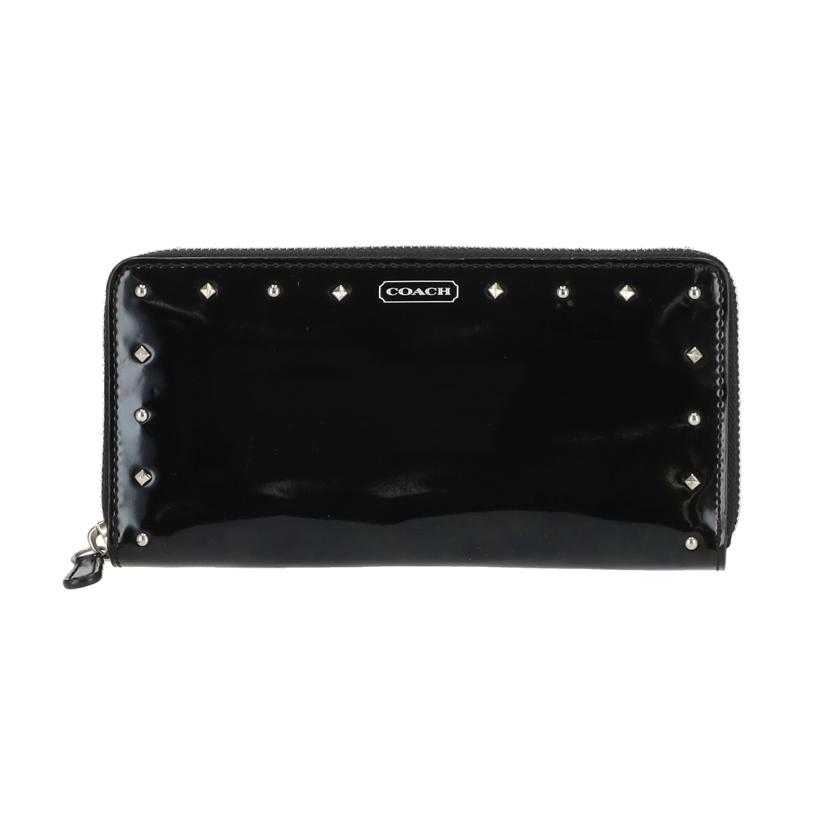 美品 現行【COACH】ラウンドファスナー 長財布 レザー メタルロゴ ブラック 美品】COACH レザー 長財布 ラウンドファスナー ロゴ金具