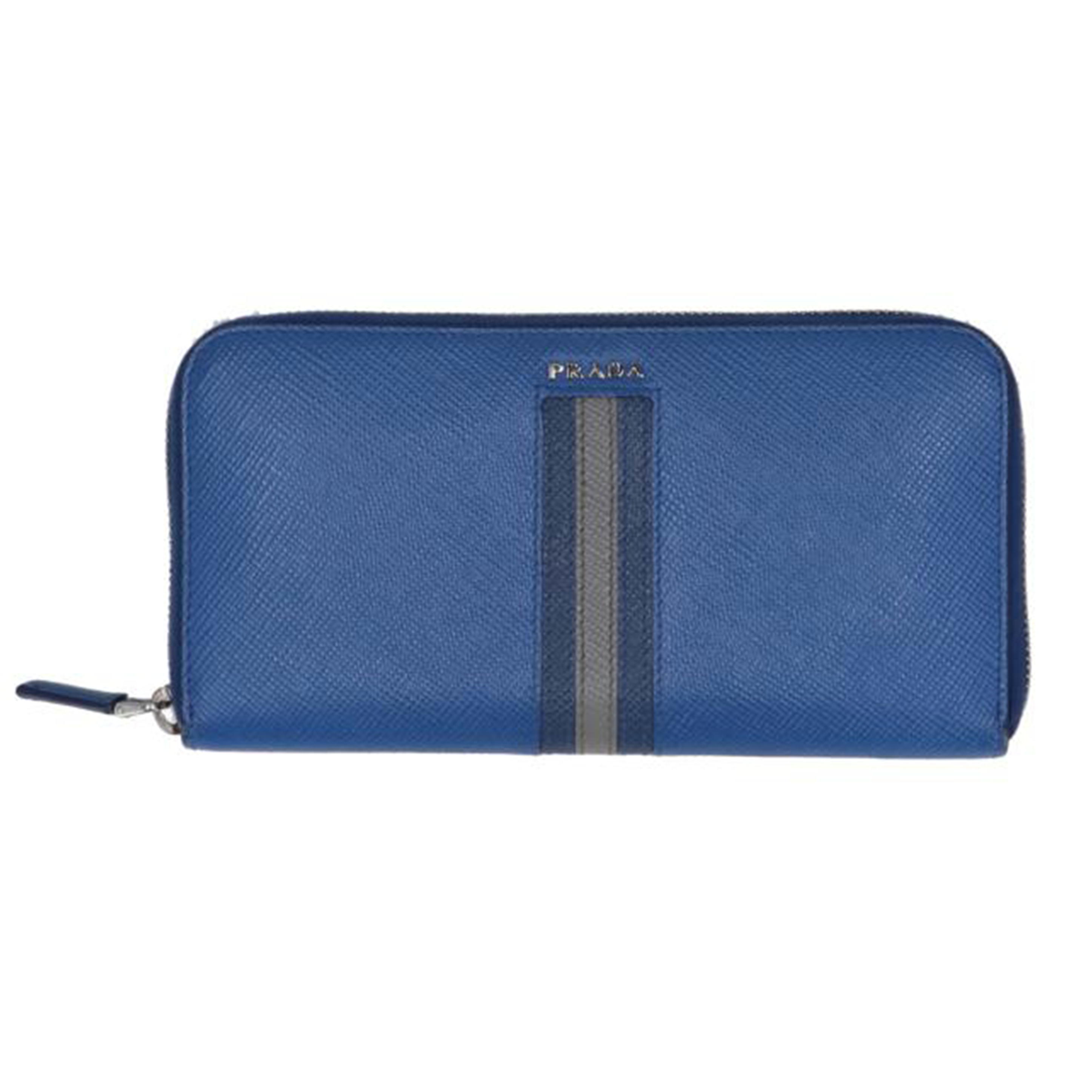 PRADA プラダ/ストライプラウンドジップウォレット/青み/B序列付ける/75【中古】