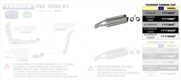 ARROW / アロー YAMAHA R1 '07/11 Eマーク証 アルミニウムダーク RH+LH THUNDER サイレンサー カーボン | 71719AKN