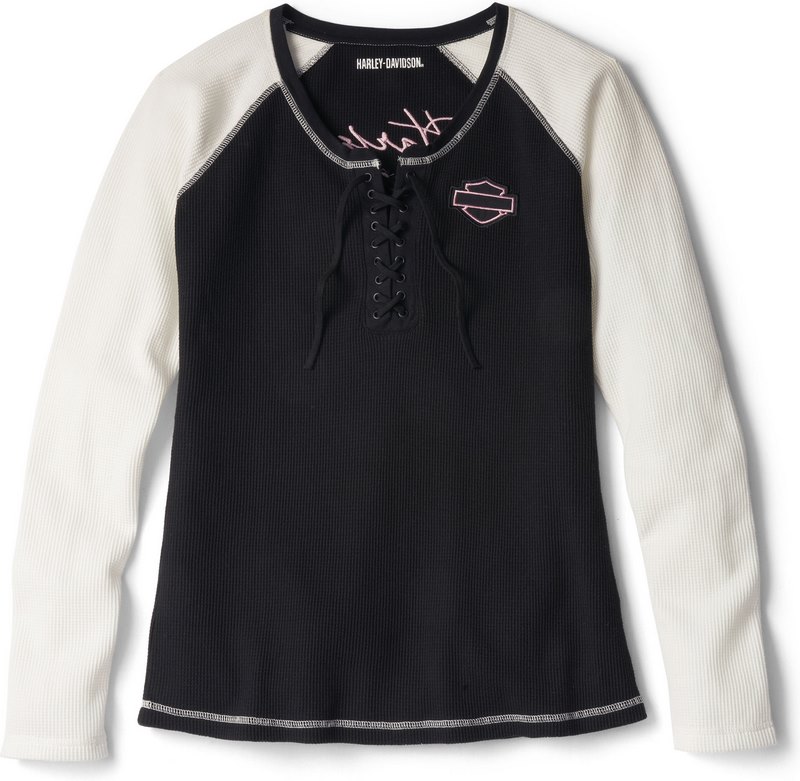 Harley-Davidson Script Font Laced Front Waffle Henley For Women- Black Beauty | 96090-22VW｜ワンダーテック
