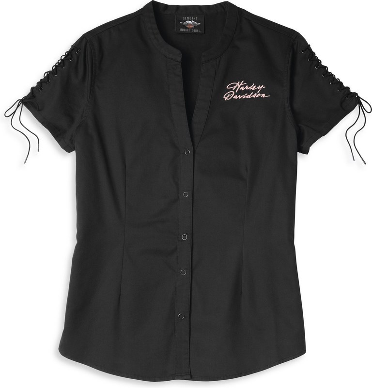 Harley-Davidson Script Font Laced Sleeve Shirt For Women- Black Beauty | 96115-22VW
