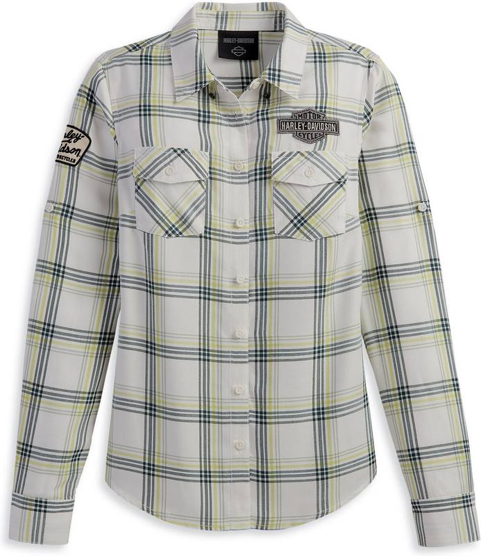 Harley-Davidson Women'S Gas & Oil Convertible Sleeve Shirt- Yarn Dyed Plaid-Cloud Dancer | 96272-23VW