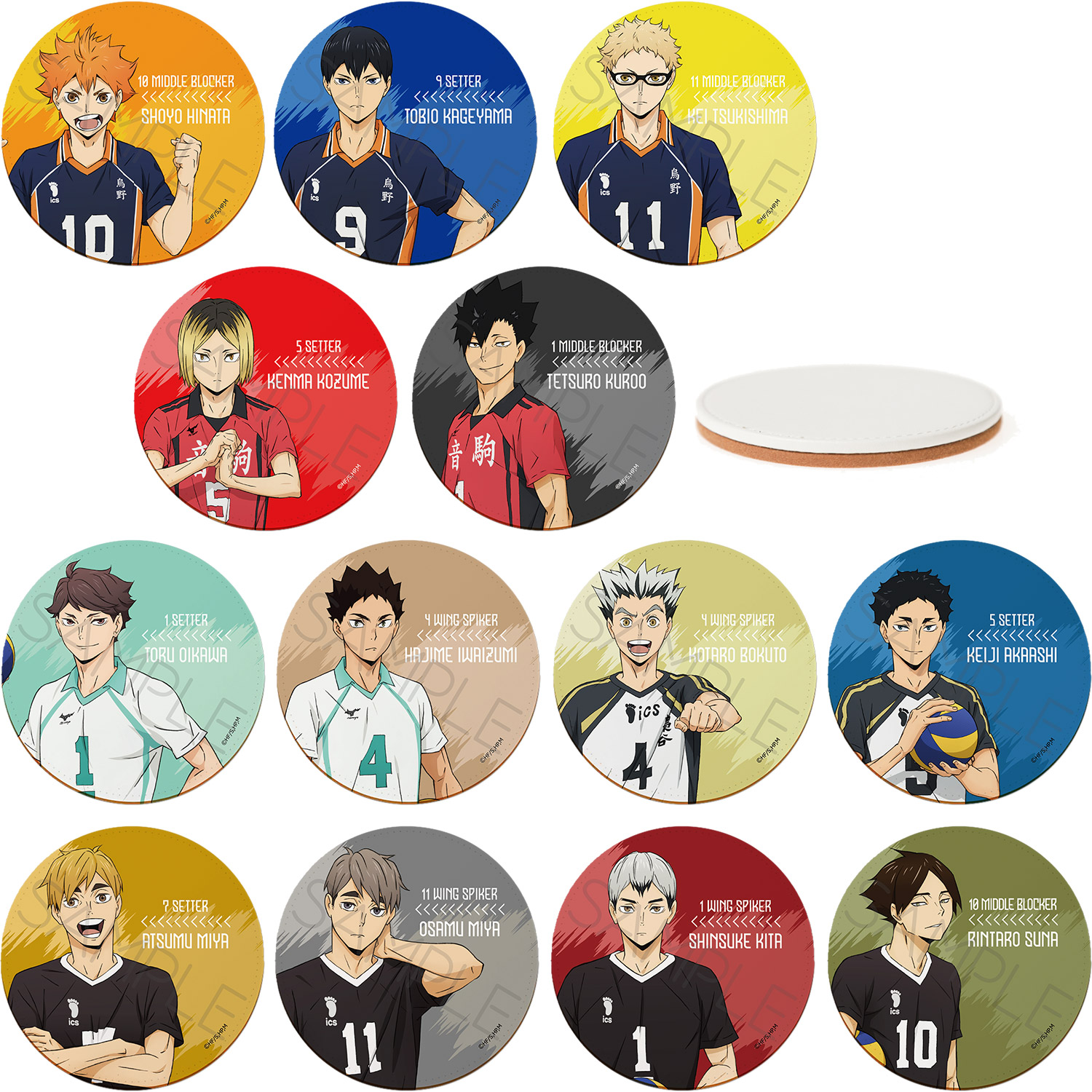 『ハイキュー!!』 第7弾 レザーコースター YA (日向翔陽) YB (影山飛雄) YC (月島蛍) YD (孤爪研磨) YE (黒尾鉄朗) YF (及川徹) YG (岩泉一) YH (木兎光太郎) YI (赤葦京治) YJ (宮　侑) YK (宮　治) YL (北　信介) YM (角名　倫太郎) 公認グッズ画像
