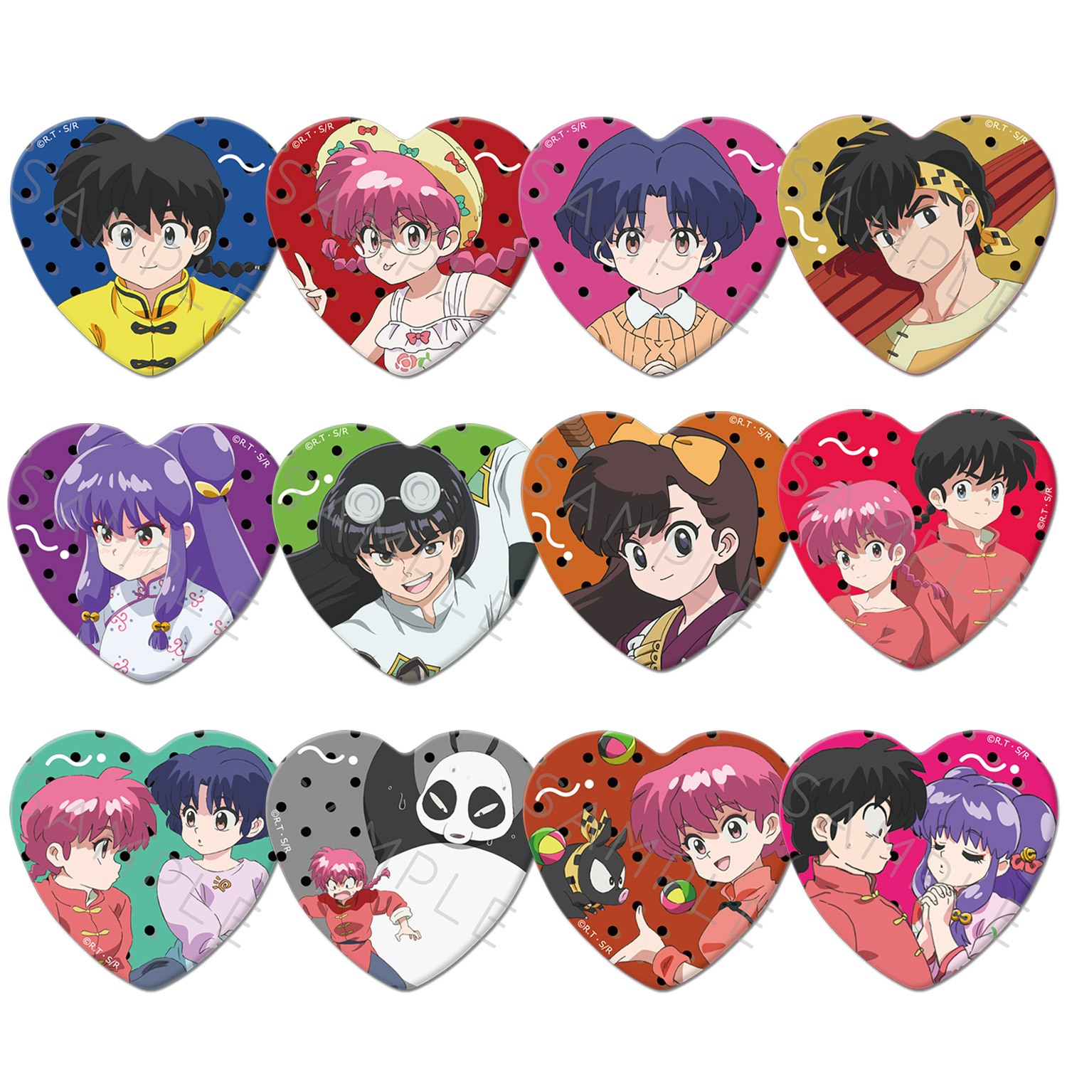 TVアニメ『らんま 1/2』 ハート型缶バッジ 早乙女乱馬 らんま 天道あかね 響 良牙 シャンプー ムース 久遠寺右京 乱馬＆らんま 乱馬＆あかね らんま＆玄馬（パンダ） らんま＆Pちゃん 乱馬＆シャンプー キャラクターグッズ 缶バッジ 公認グッズ らんま1/2画像