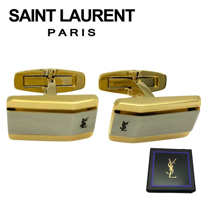 【中古】Yves Saint Laurent イブサンローラン カフスリンク 【ほぼ新品】カフリンクス 箱付き添い人 ゴールド×しろがね色 商行為 メンズ ブランド名 r-ysl-c-0086-04